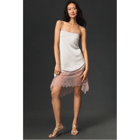 Anthropologie Dresses & Skirts - Anthropologie Dress Size 6 Slip Lace Trimmed Satin Silver Sexy Midi Asymmetric